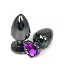 Анальная пробка чёрный металл с фиолетовым кристаллом, сердце, M 1