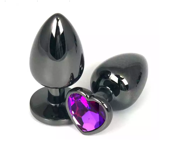 Анальная пробка чёрный металл с фиолетовым кристаллом, сердце, M 1