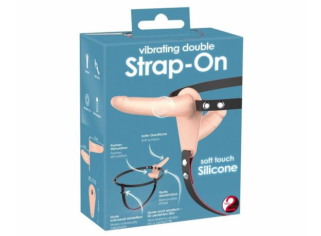 Телесный двойной вибрострапон с вибрацией Vibrating Double Strap-On - 15 см. 2