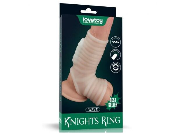 Белая ребристая вибронасадка на пенис Knights Ring с подхватом мошонки 4